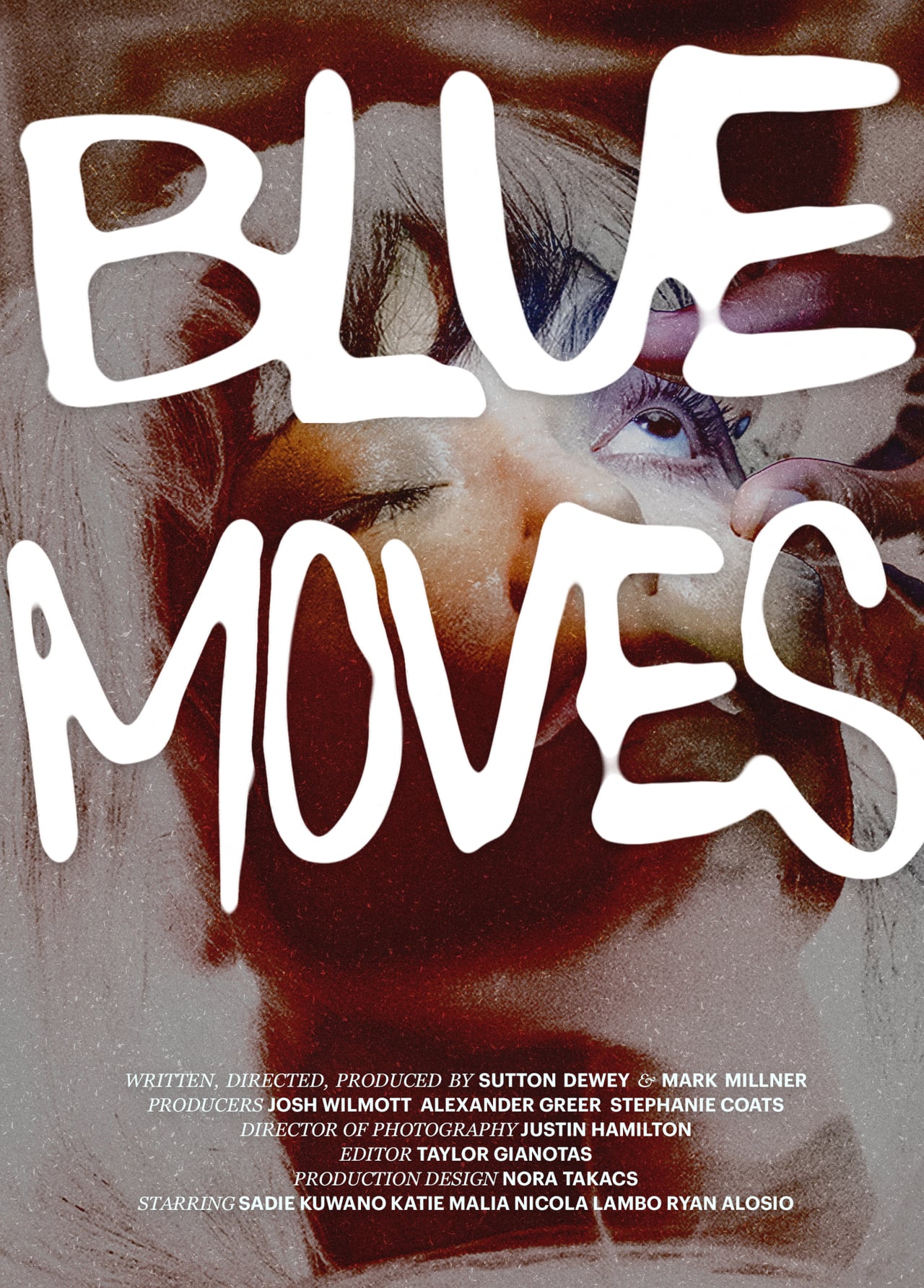 Blue Moves poster, featuring a close-up portrait and white lettering